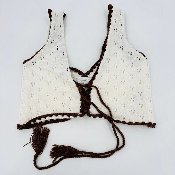 Sage the Label Knit Crochet Crop Bralette Top White Brown Contrast Size Small - Picture 1 of 5